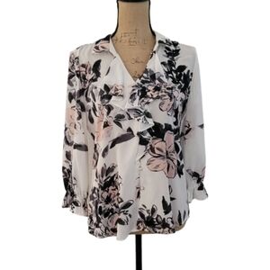 Karl Lagerfeld Paris Floral Pearl Button Down Ruffle Blouse,  Small